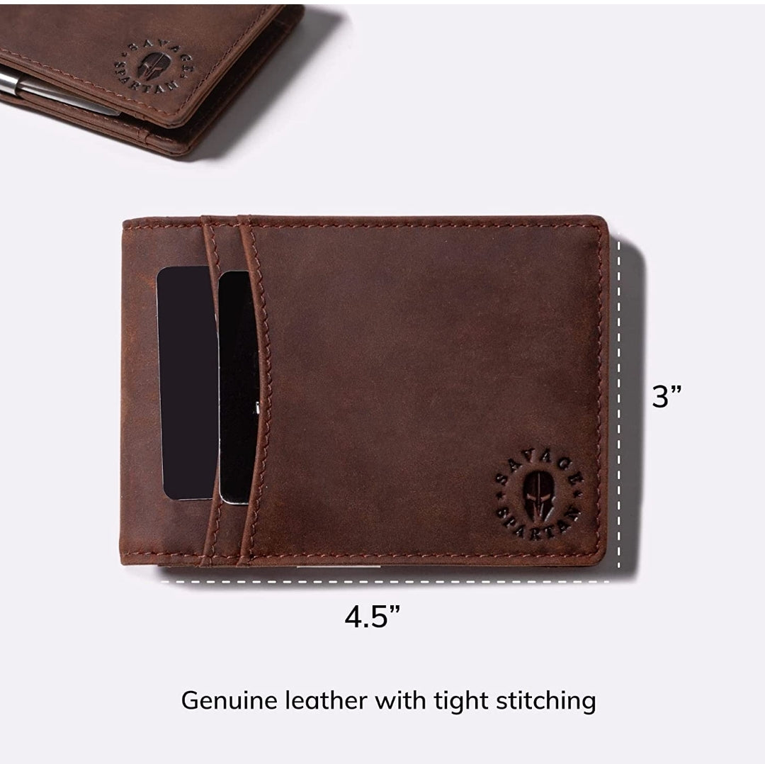 SAVAGE SPARTAN Genuine Leather Wallet for Men Bifold with 2 ID windows 11 Card Slots Billfold with Money Clip