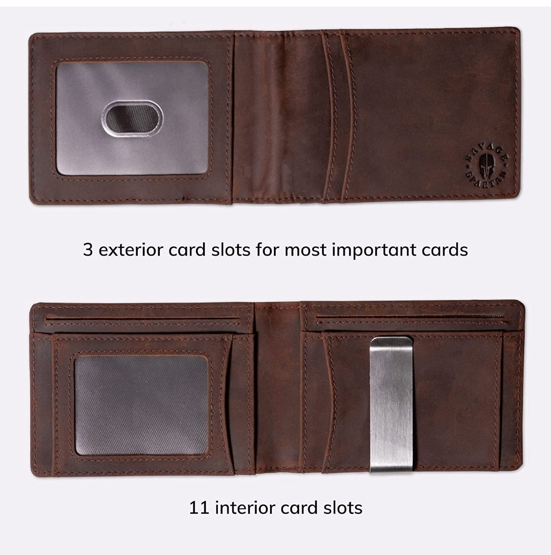SAVAGE SPARTAN Genuine Leather Wallet for Men Bifold with 2 ID windows 11 Card Slots Billfold with Money Clip