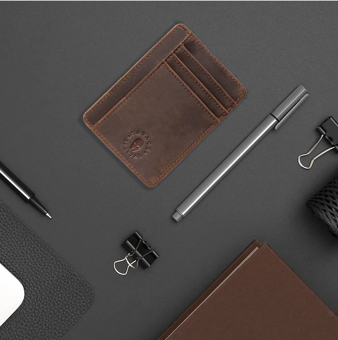 SAVAGE SPARTAN Slim Genuine Leather Front Pocket Minimalist Wallet for Men 1 ID Window