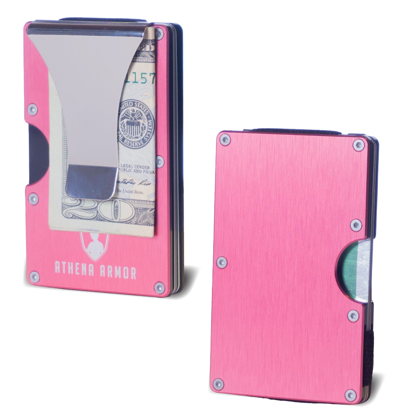 The womens money clip and cash holder is metallic pink in color