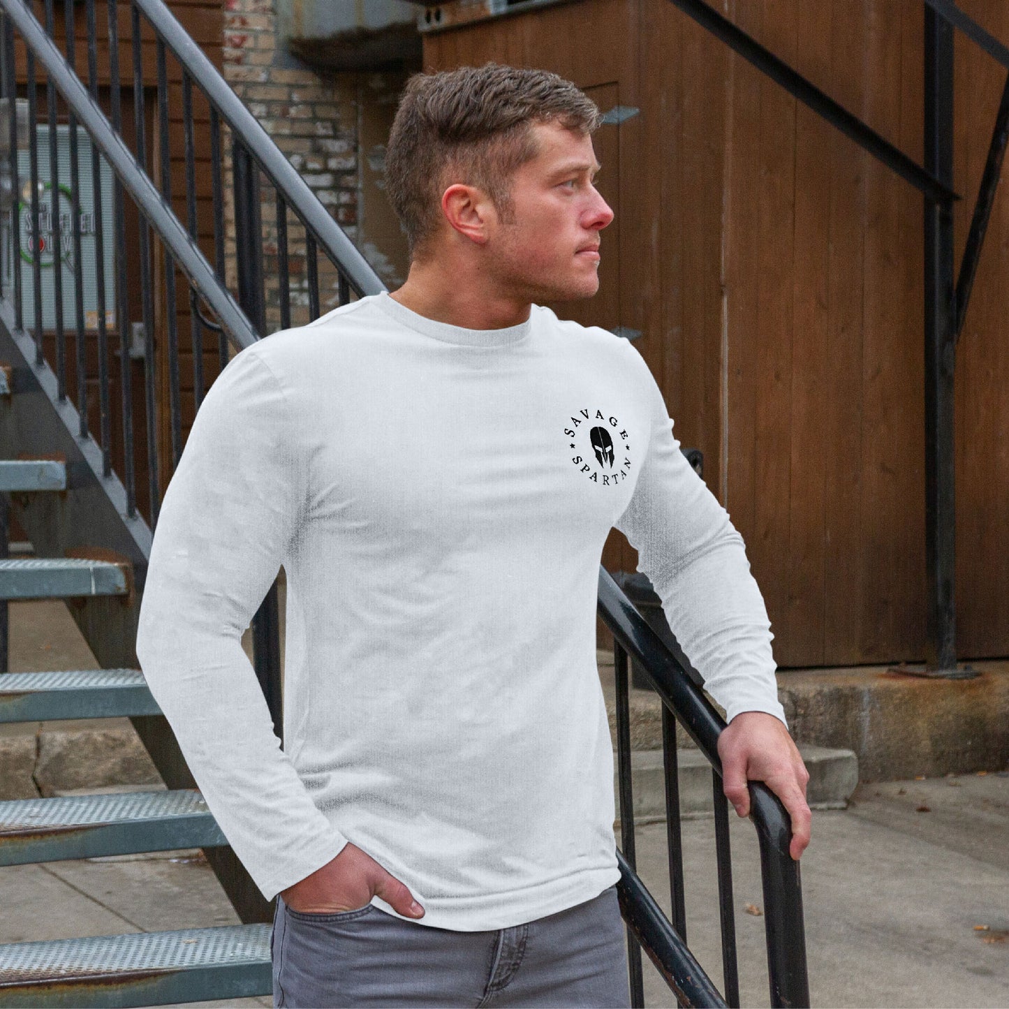 The mens white spartan long sleeve t shirt is great for bodybuilding and training gear