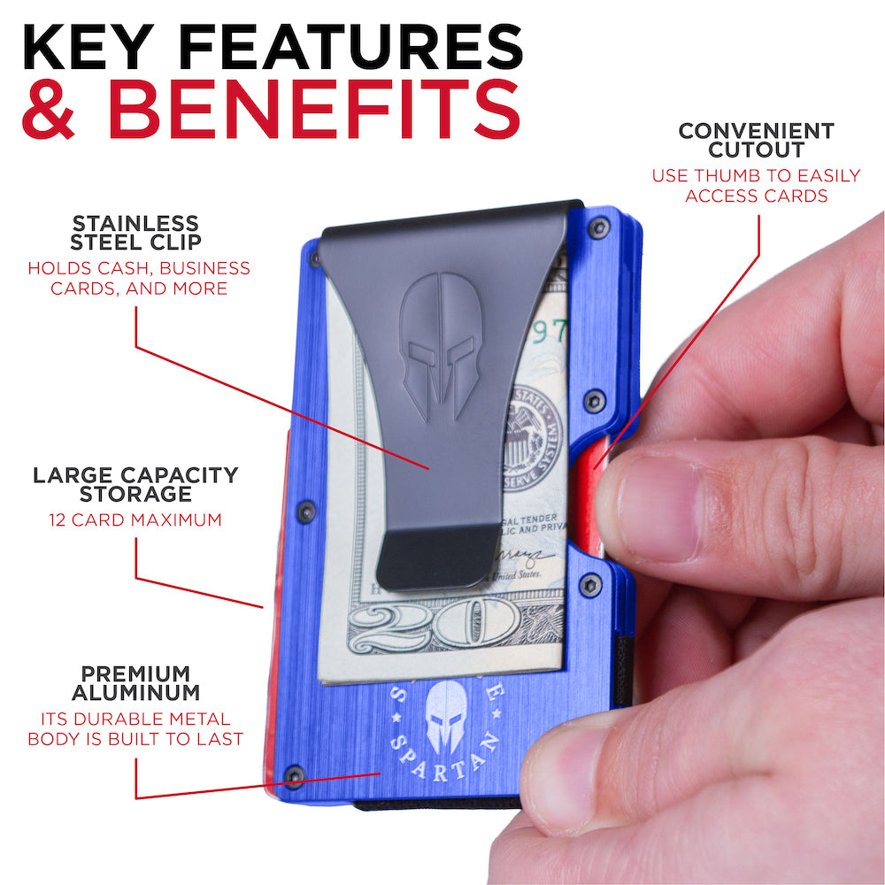 The blue aluminum credit card holder can store up to 12 cards and has a stainless steel money clip to hold cash