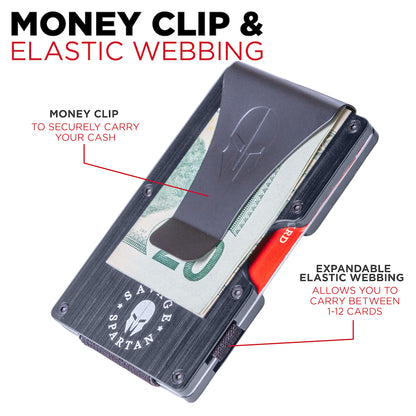 The minimalist money clip credit card holder can fit up to 12 cards between the elastic webbing