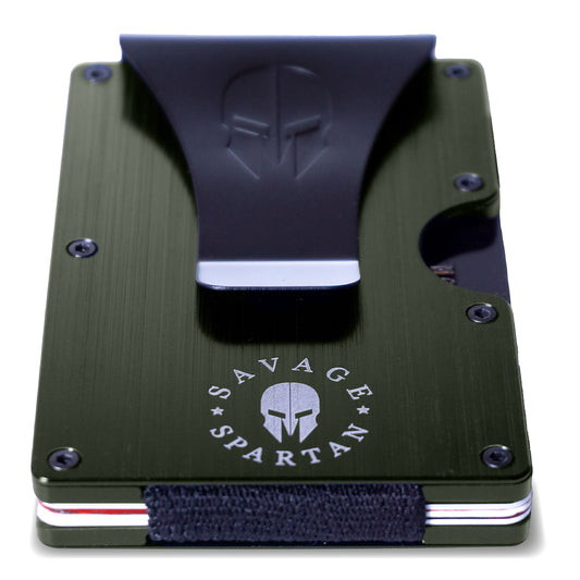 The military green savage spartan tactical wallet has a matte black money clip giving it a minimalist look