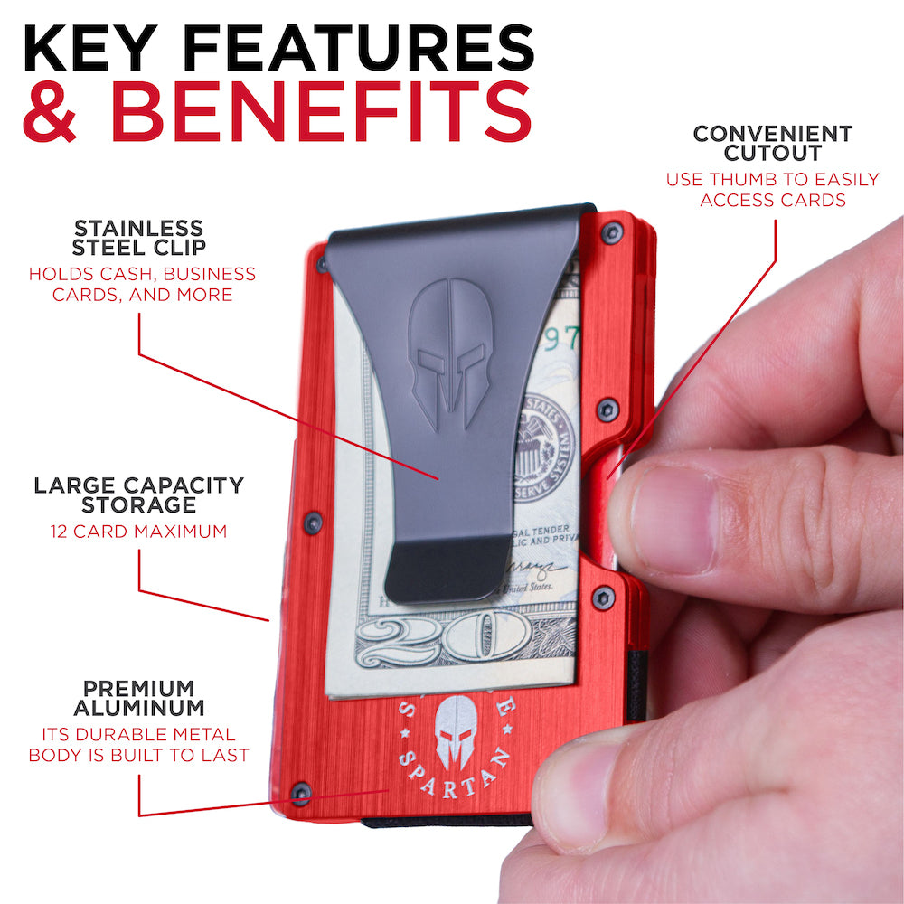 The red aluminum credit card holder can store up to 12 cards and has a stainless steel money clip to hold cash