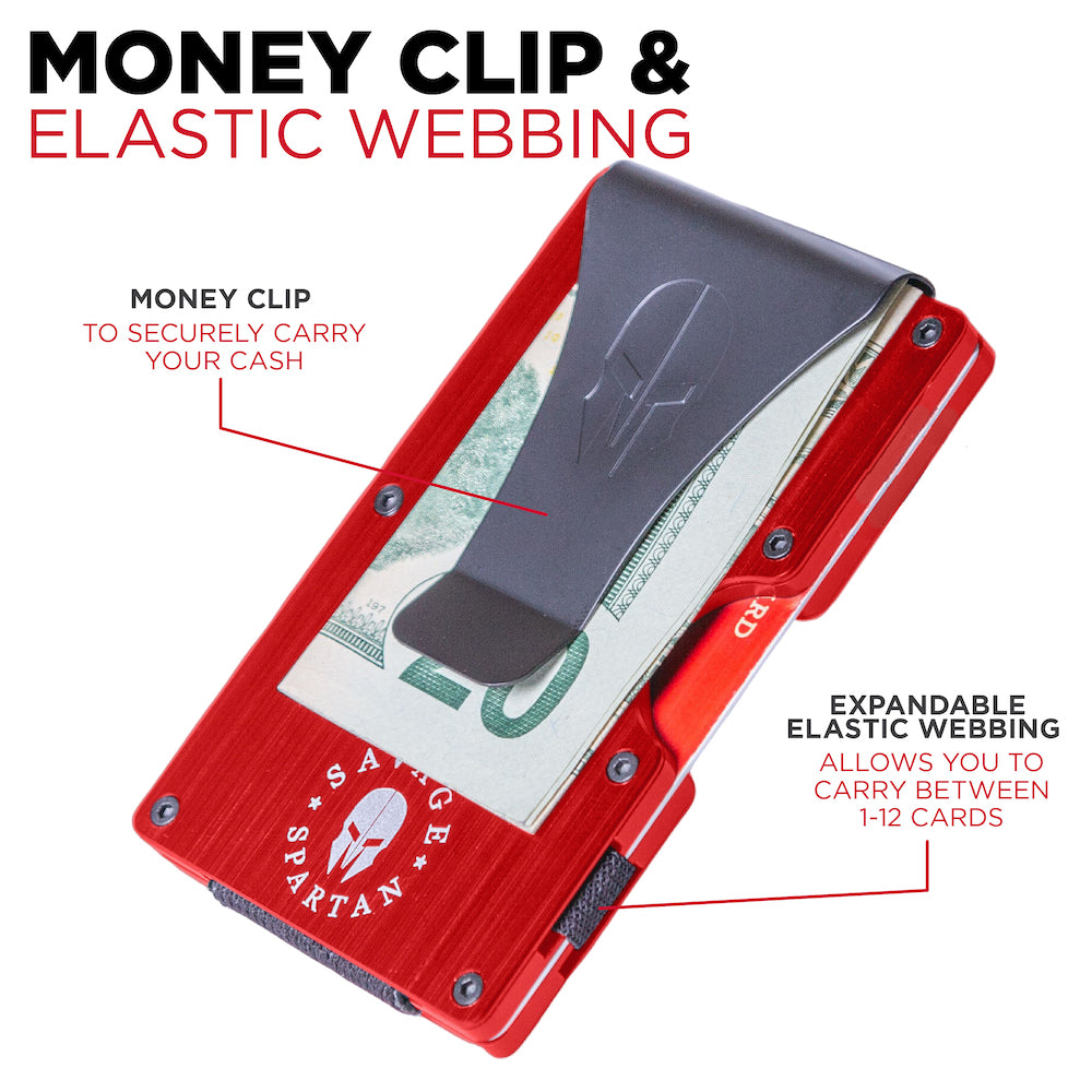 The minimalist money clip credit card holder can fit up to 12 cards between the elastic webbing