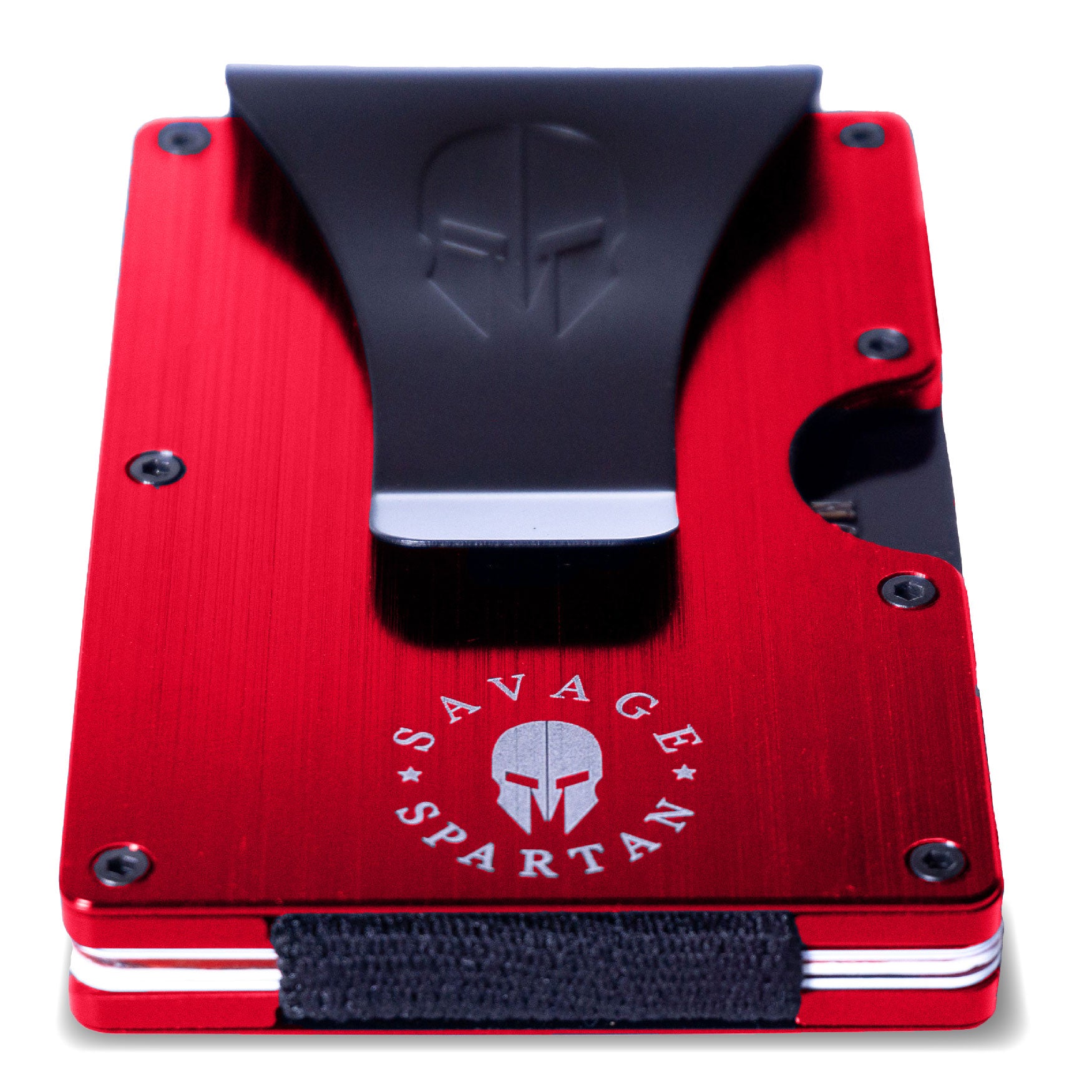 The red savage spartan tactical wallet has a matte black money clip giving it a minimalist look