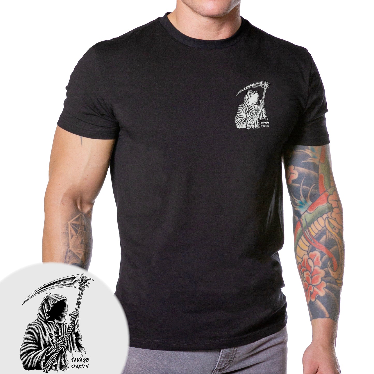 savage spartan grim reaper athletic tee shirt with a white logo on the chest