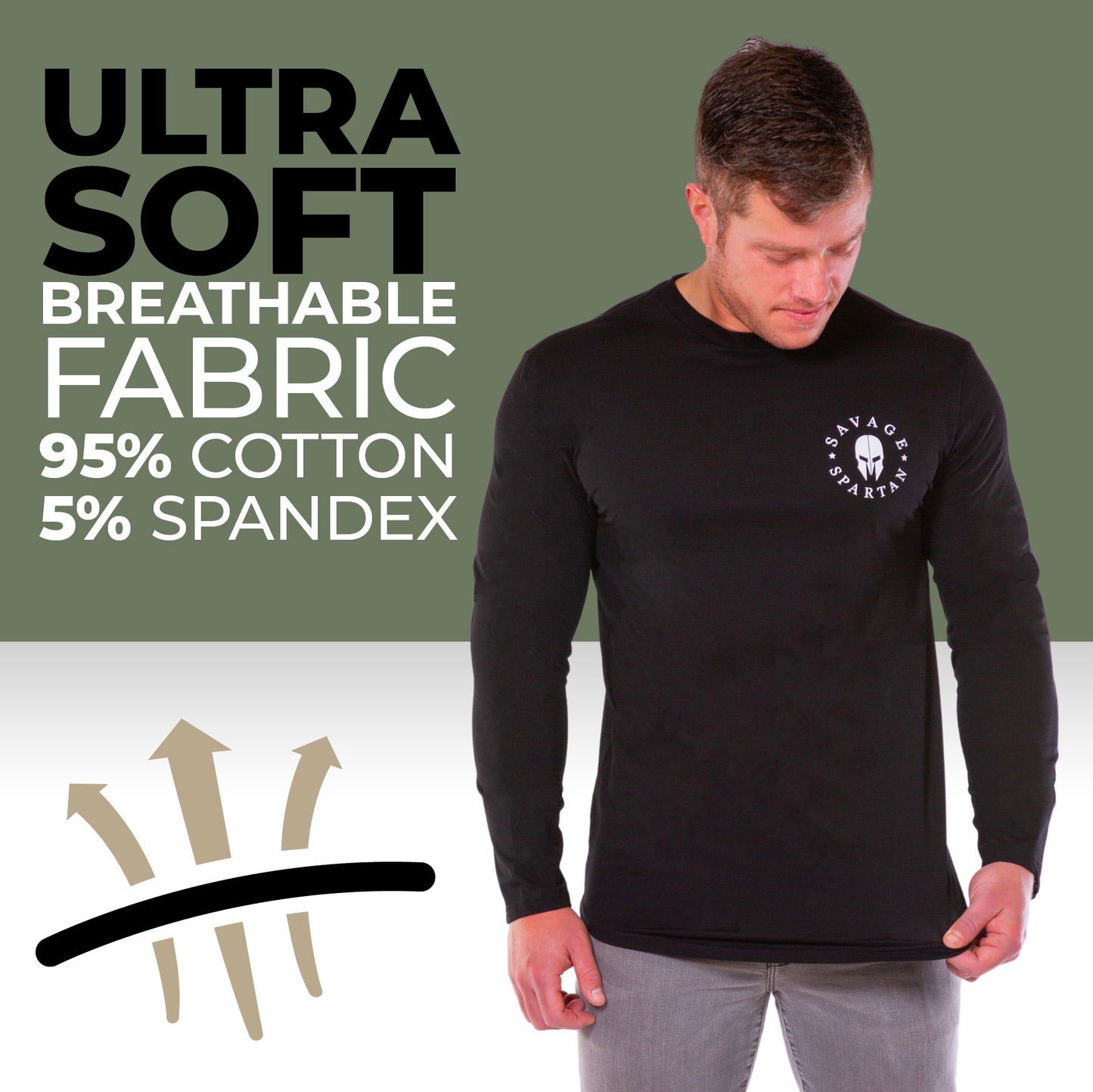 The savage spartan mens tactical long sleeve shirt is made of a cotton spandex blend making it quick drying