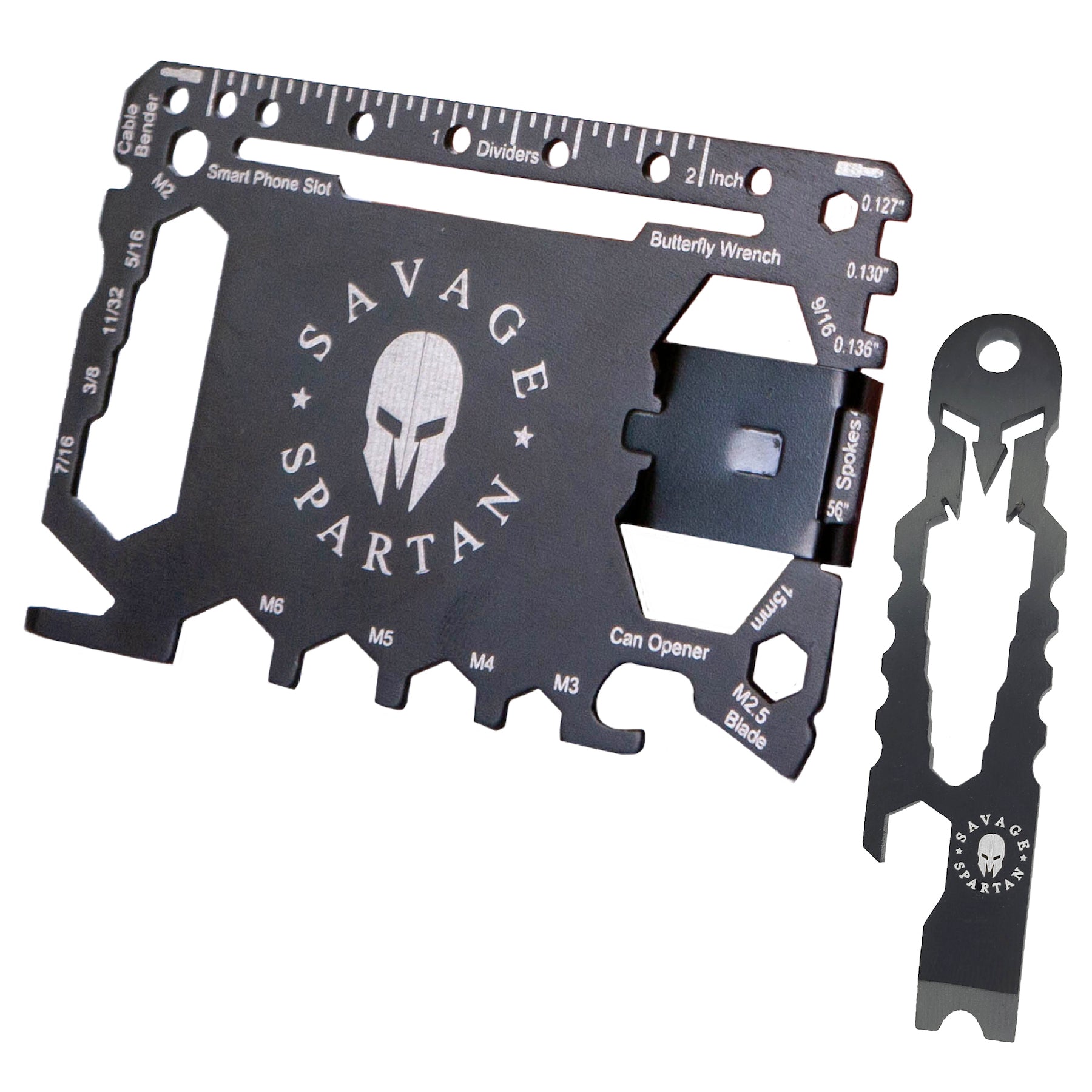 The savage spartan survival wallet multitool fits inside your wallet and includes a keychain multitool
